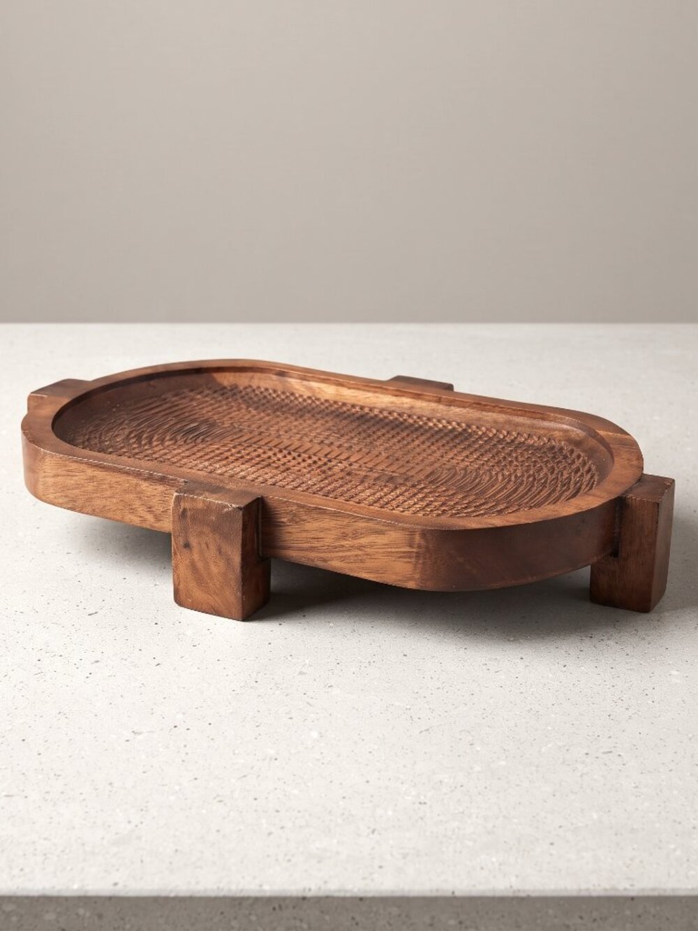 Vintage India Carved Wood Footed Serving Tray Oval Geometric Platter 12x8in Boho